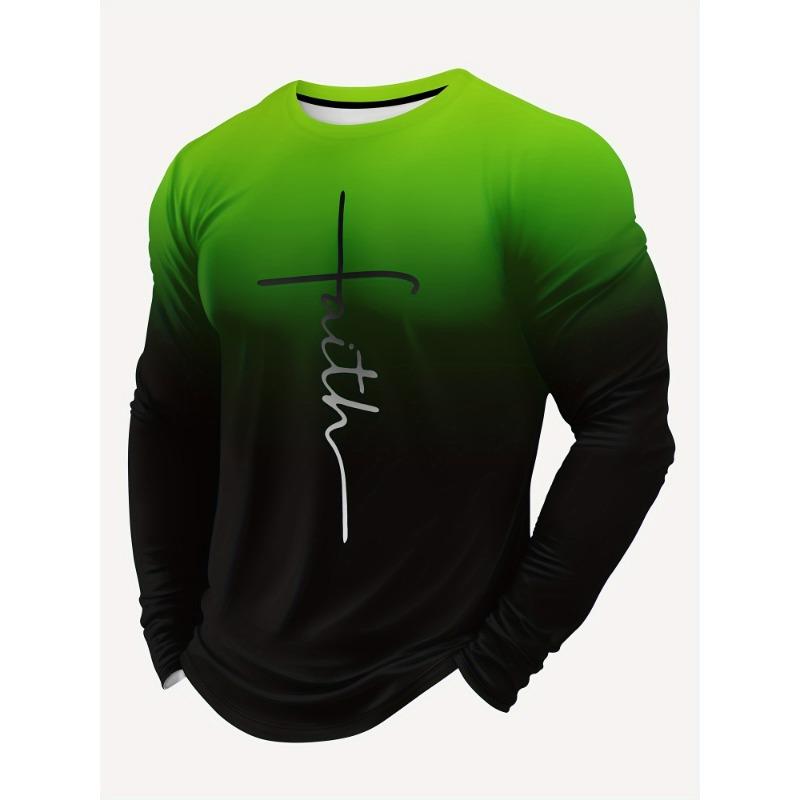 Autumn Round Neck Color Block 'Faith' Graphic 3D Printed T-shirts Fashionable Casual Long Sleeved Men's T-shirts