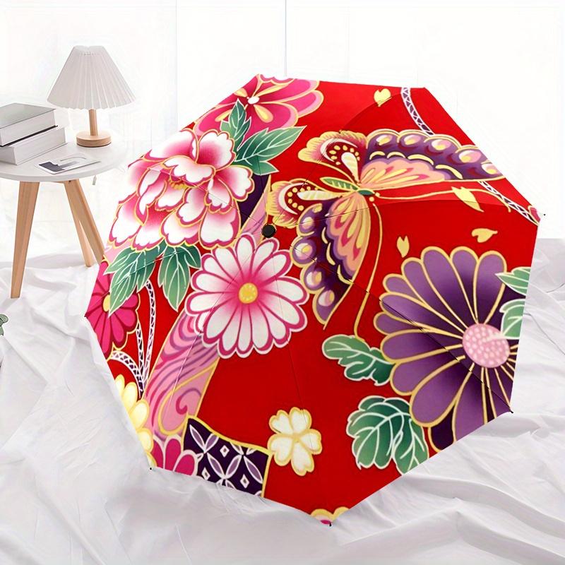 

1pc Automatic Open Compact Umbrella with Retractable Closure - Lightweight Travel Umbrella, Windproof 8-Rib Shaft, Red Floral (as the picture,Iron&8K)