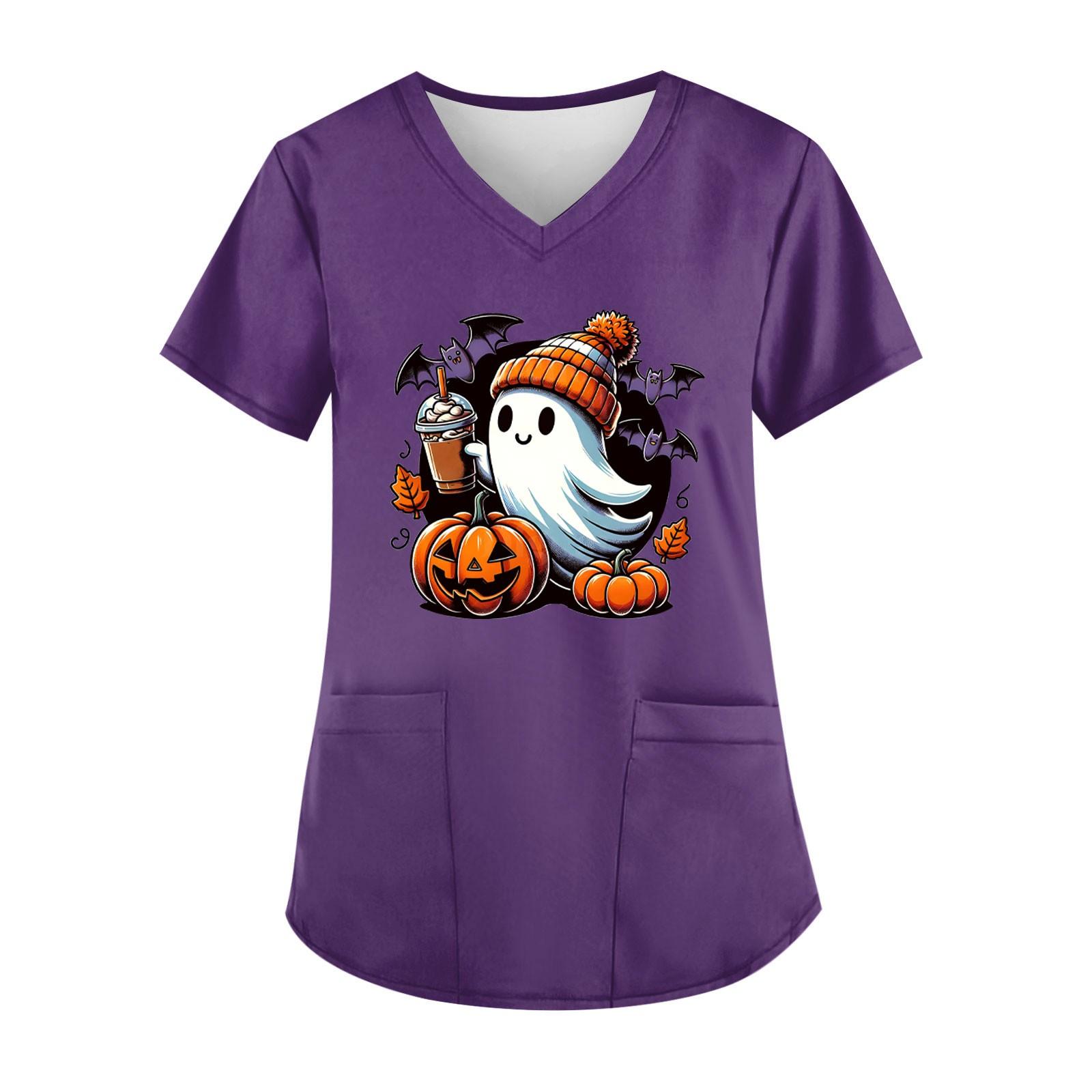 

Женская мода V-образный вырез повседневные Хэллоуин принтованные топы с карманами рабочая одежда XXXXXL фиолетовый