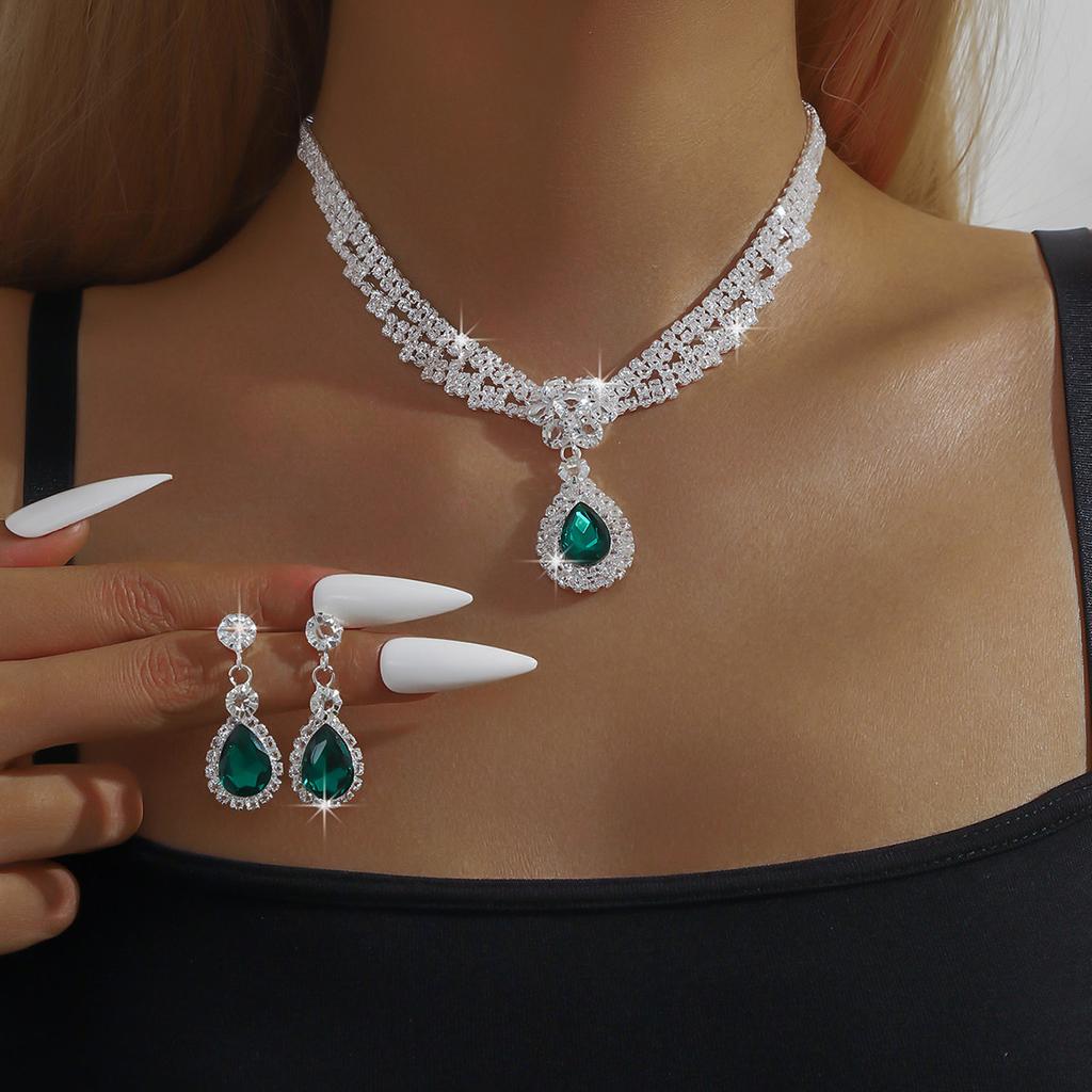 3PC Women's Fashion Copper Claw Chain Temperament Water Drop Necklace Earrings Zircon Set Wedding Banquet Party Holiday Gift