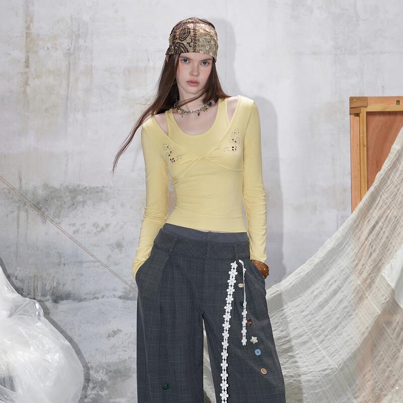 unifree 2026 Spring Korean Style Cross Design Faux Two-Piece Slim T-Shirt