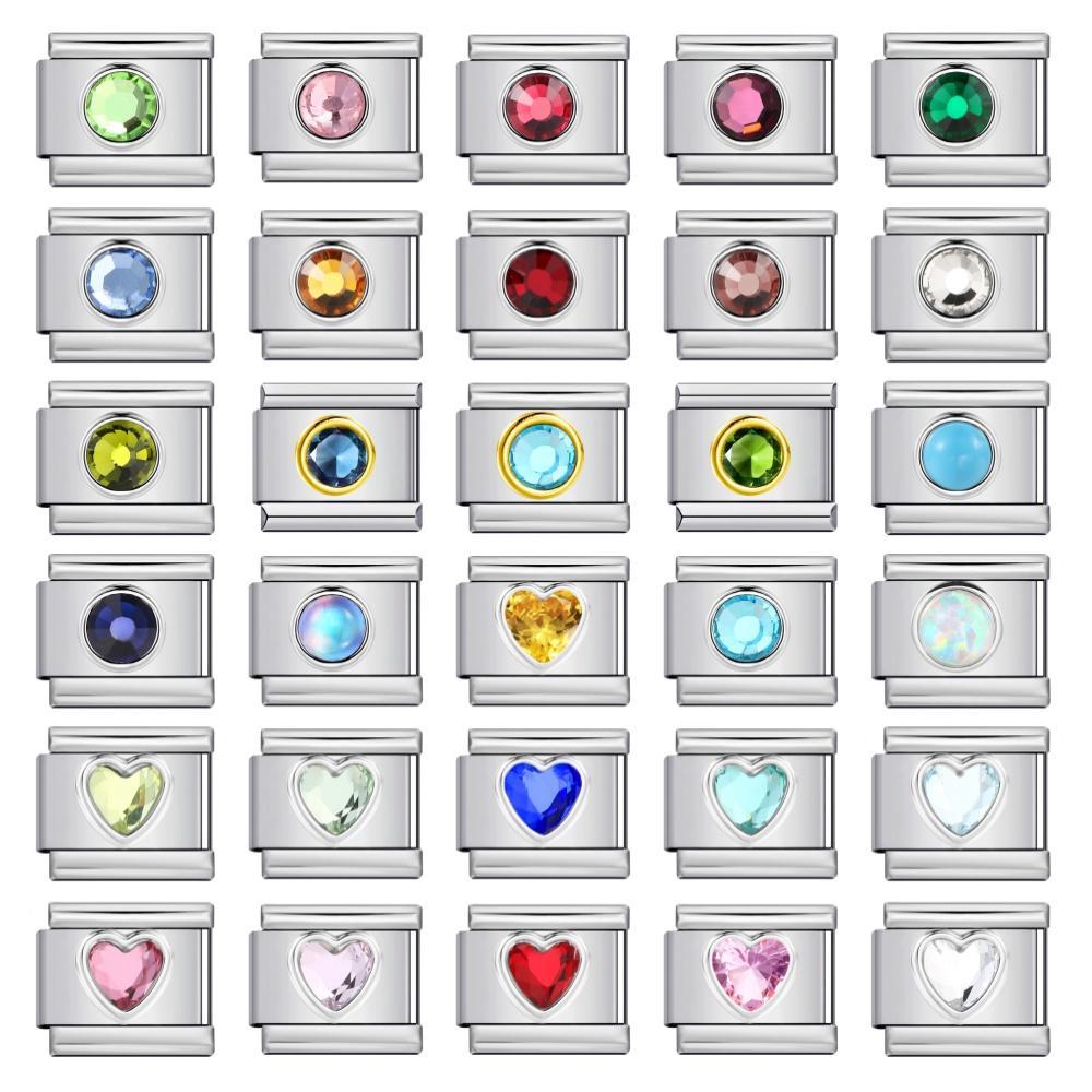Stainless Steel Italian Bracelet Round Hearts Colorful Zirconia for Female Elastic Charm 9mm Link DIY Making Jewelry Party Gifts