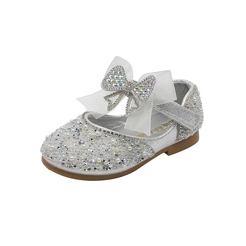 Children's Sequined Leather Shoes Girls Princess Rhinestone Bowknot Single Shoes Fashion Baby Kids Wedding Shoes