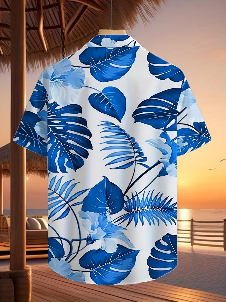 Herren Tropenmuster Kurzarm Hemd mit Knöpfen - Lockerer Schnitt Kragen Sommer Strandhemd mit Ganzkörper Palmenblatt & Hibiskus Mustern, Leicht Casual