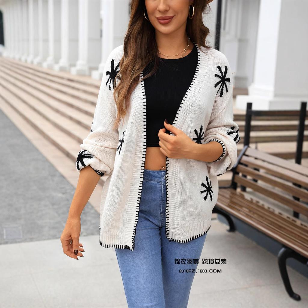 Nowy Jesienno-Zimowy Sweter Żakardowy Damski Jednodługi Kołnierz Kwiaty Osobowość Wszechstronna Dzianinowa Kurtka dla Kobiet