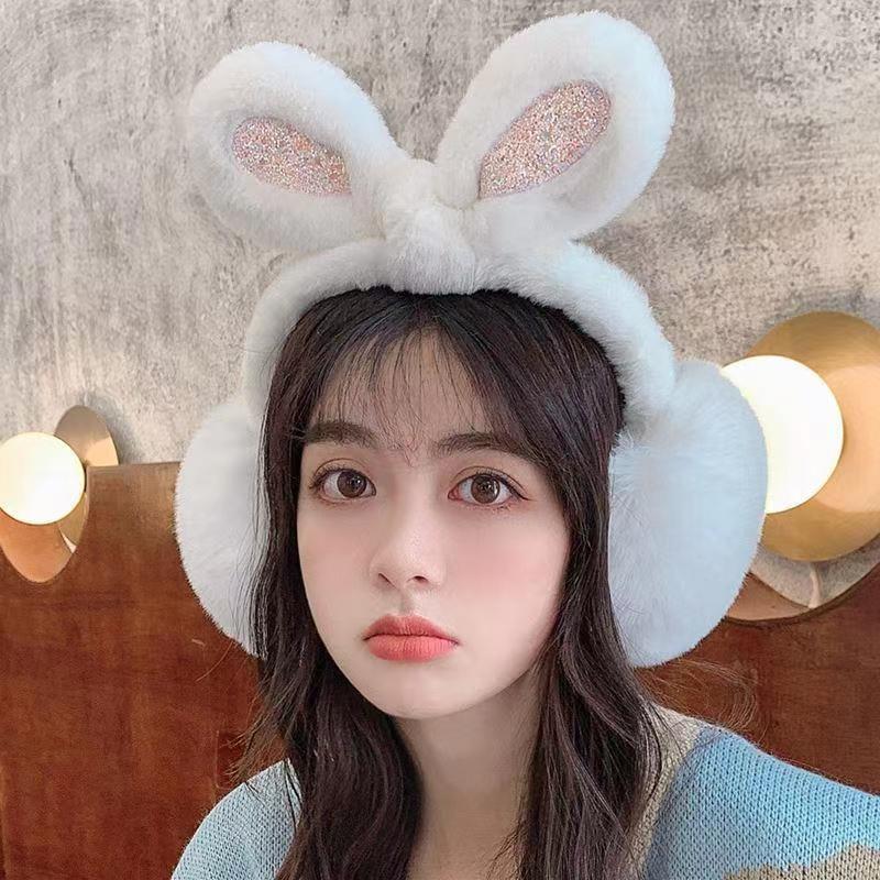 Sequins foldable rabbit ears earmuffs women's thermal earmuffs winter ear wrap ear cover ear warm rabbit ears women