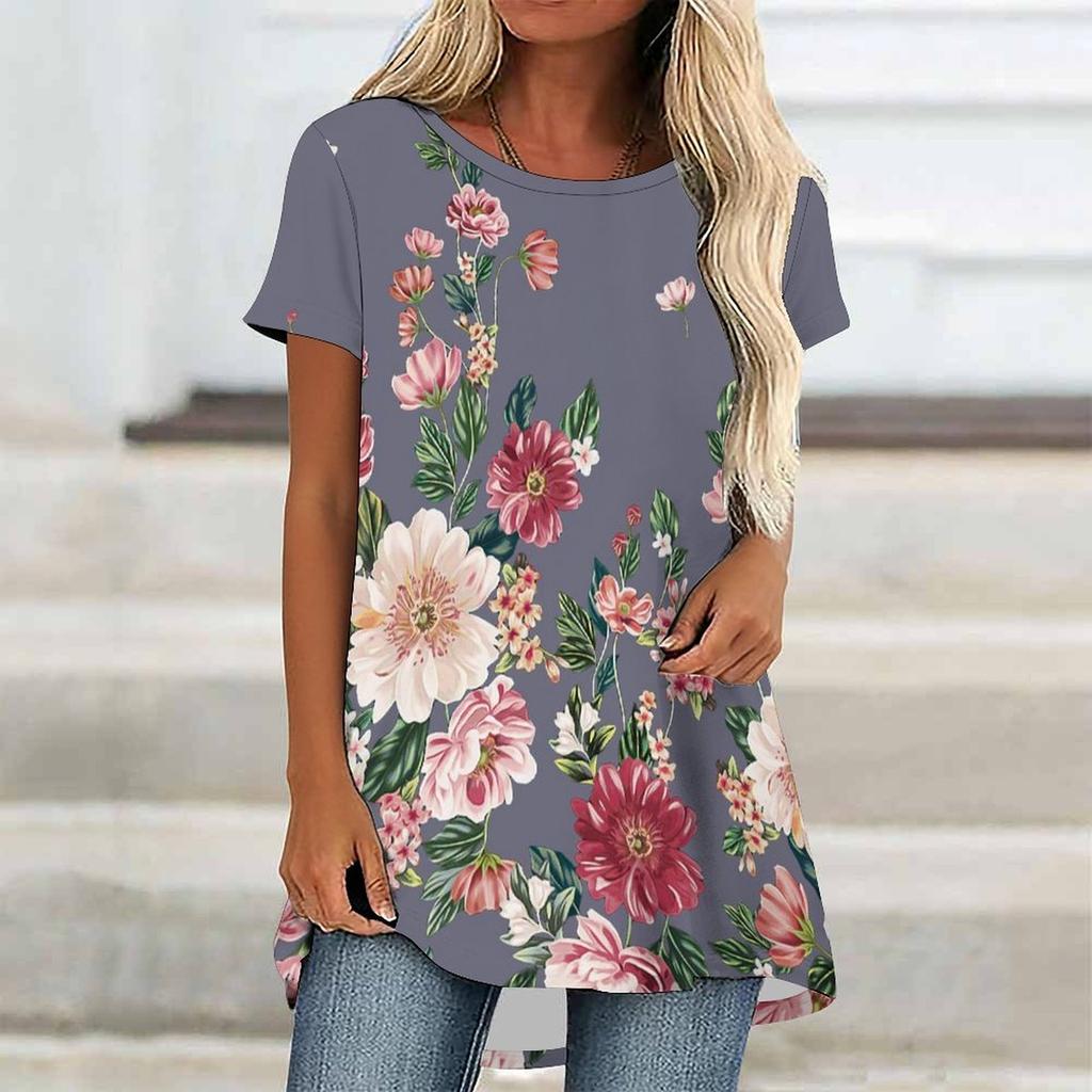 Túnicas Casuales Informales para Mujer con Estampado, Cuello Redondo, Dobladillo Irregular y Manga Corta
