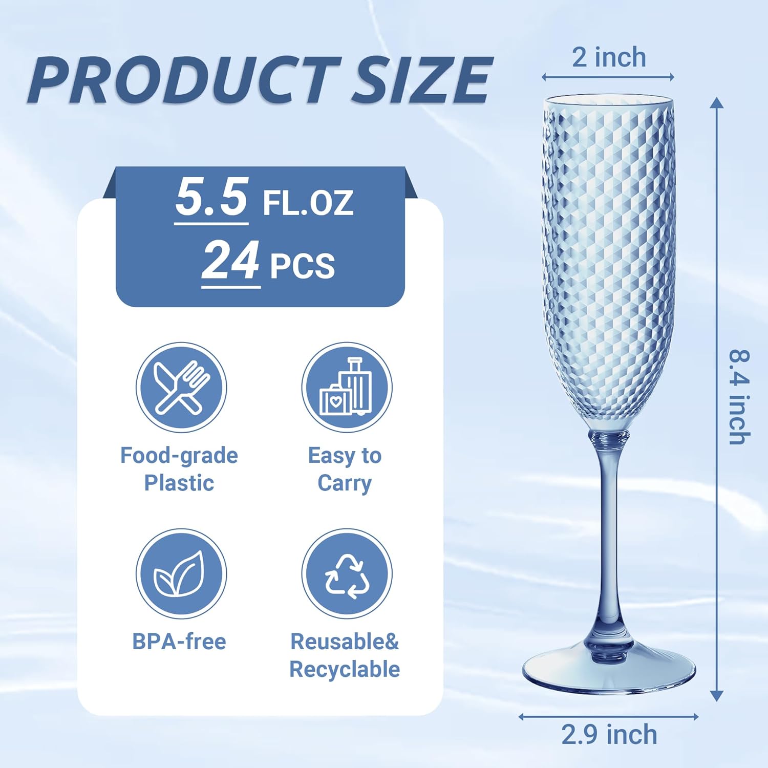 

Blue Plastic Champagne Flutes 24 pcs, 5.5oz Unbreakable BPA-free Stemware for Wedding, Party, Mimosa Bar United States