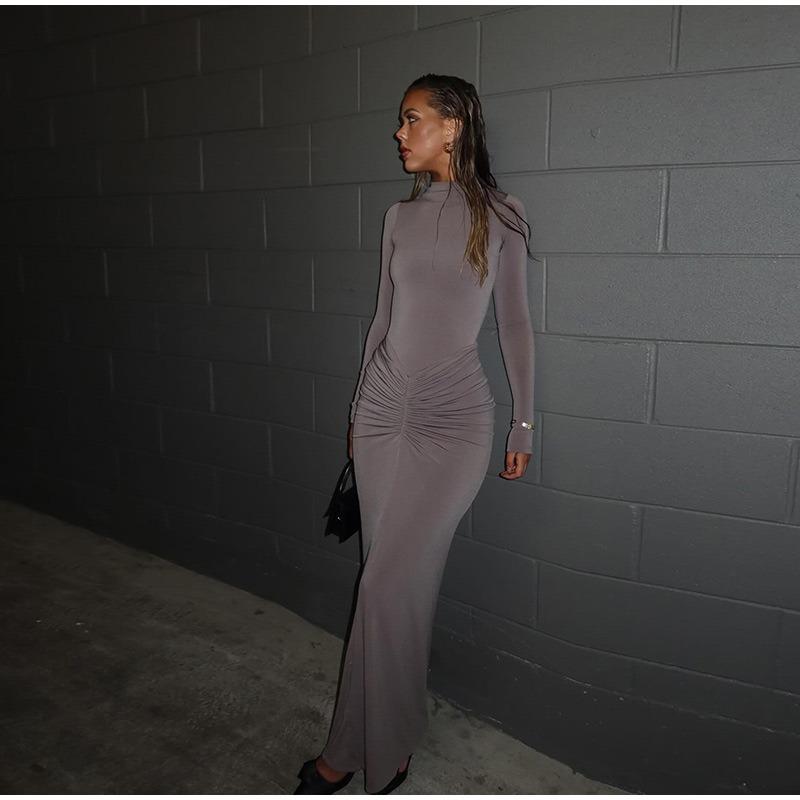 Rynket Skinny Stretch Enkel Ensfarget Lang Kjole Dame Høstmote Langermet O-hals Basic Klassisk Skjørt