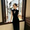 1011 Spring and Autumn New Improved Black Velvet Cheongsam Long Sleeveless Slim Fit Young Fashion Temperament Long Cheongsam