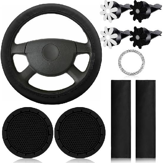 Frienda 10 Pcs Leather Steering Wheel Cover Set For Women 14.5-15 Inch Car Accessories With Seat Belt Shoulder Pad Seatbelt Cover Cup Holder Start
