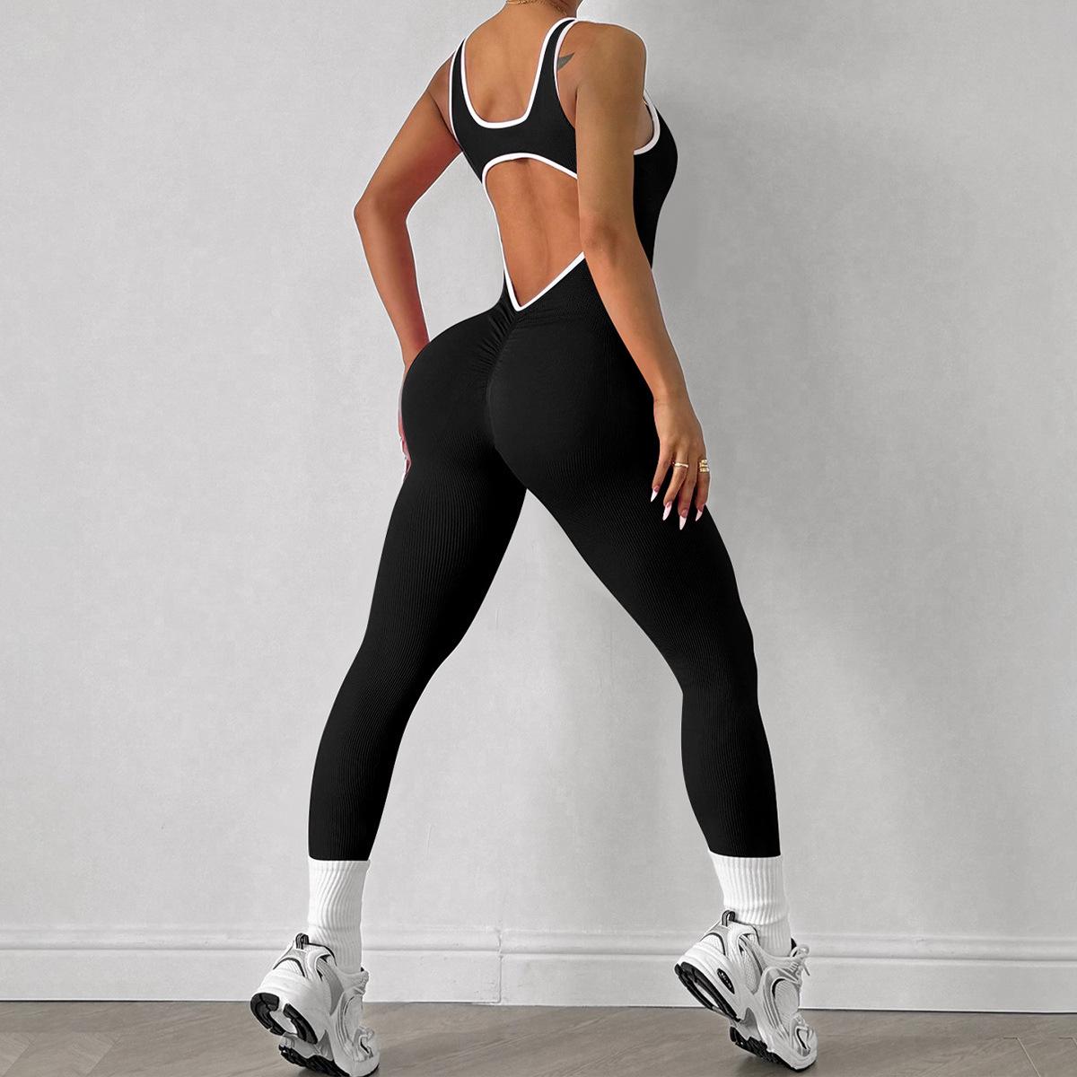 Seamless Color-Block V-Back Quick-Dry Women s Yoga Jumpsuit Medium