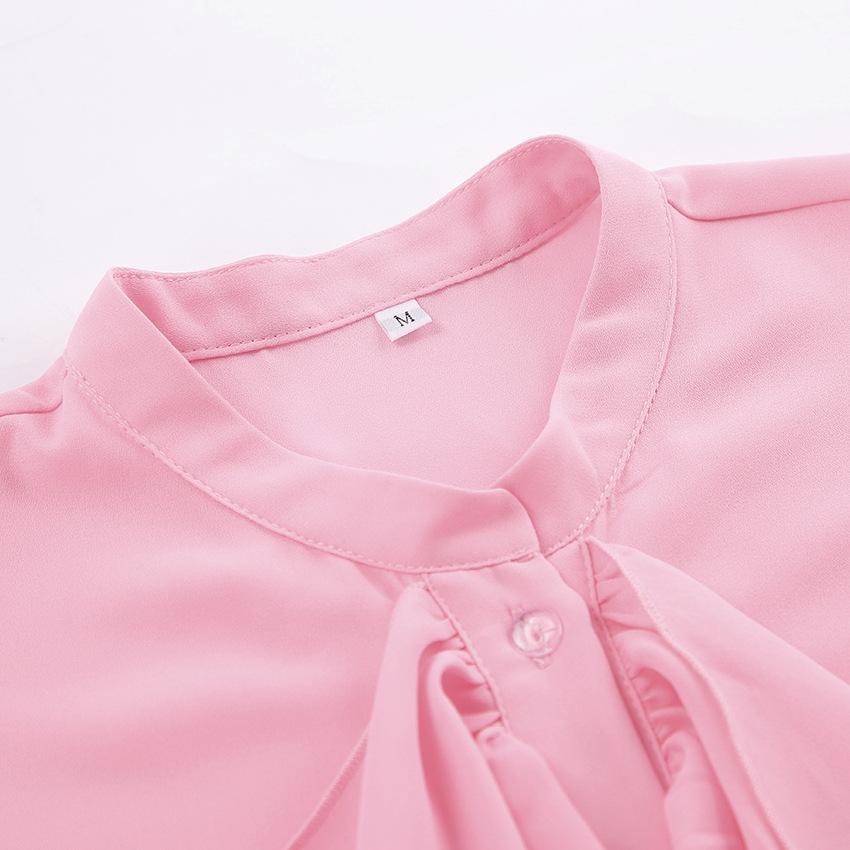 1116 spring and summer new court style chiffon top women's commuting versatile temperament ruffle leaf edge stand-up collar horn sleeve shirt