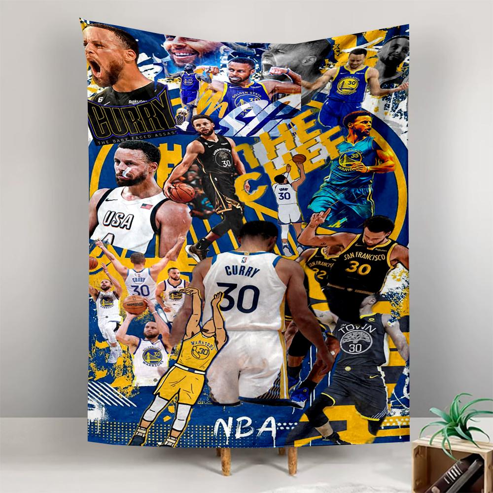 Tapestry Stephen Curry Warriors No.30 Graffiti Collage Blue Yellow NBA Action Wall Art for Game Room