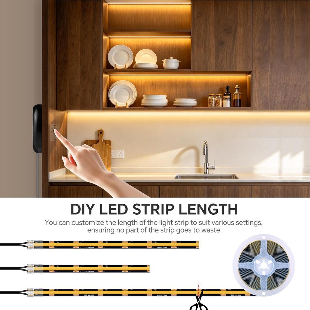 TV Wall Panel Lighting Kit Cuttable COB LED Strip Light With Touch Sensor Dimmer Switch DIY Display Cabinet Shelf Lamp