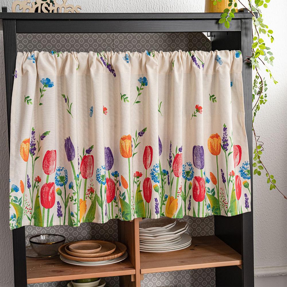 2024 Tulip Printed Short Curtains 3 Sizes Dustproof Skin-friendly Cotton Linen Curtain Wine Closet Curtain