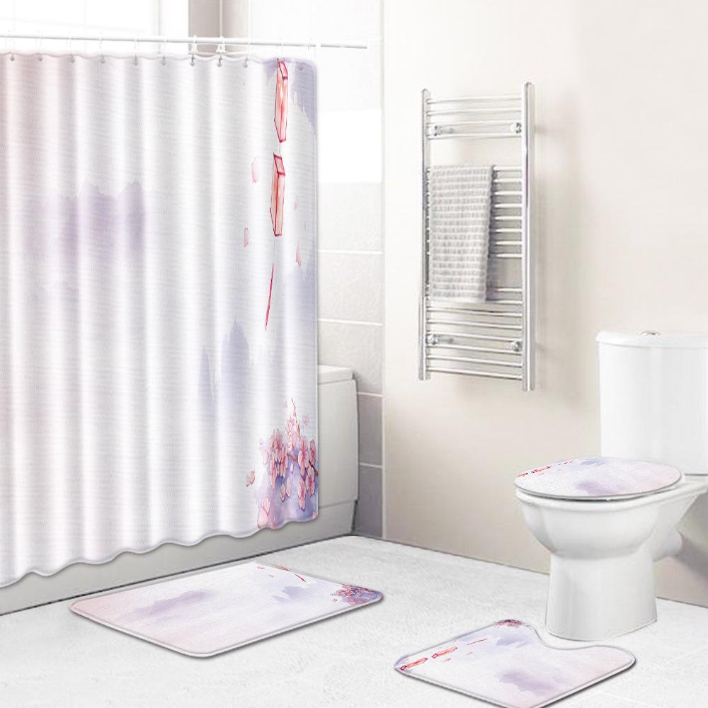 Fashion Textured Bathroom Shower Curtain Floor Mat Toilet Cover Foot Mat Four-Piece Set