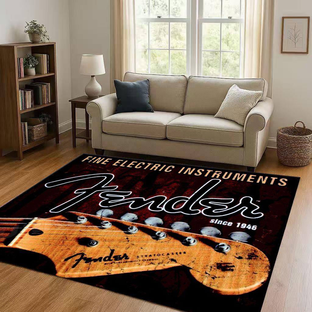 3D F Fender Guitar Musical Instrument Sign Living Room Non Slip Area Rug Carpet for Bedroom Sofa,Easy Clean Home Decor Doormat