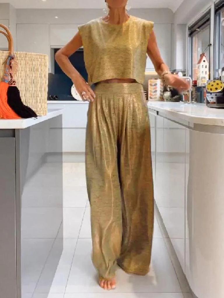 Summer New Arrivals Women's Fashion Casual Shiny Backless Wide Leg Pants Two-Piece Set