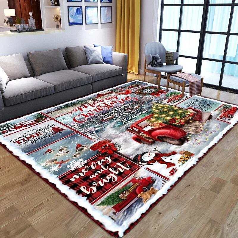 Christmas Themed Festive Rug Santa Snowman Holiday Scene Print Living Room Carpet Home Decor for Christmas Season
