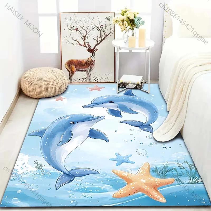 3D Printing Two Dolphins Cartoon Print Carpet for Bedroom Living Room Bedside Floor Mat Modern Home Decor Area Rug Luxury Gift