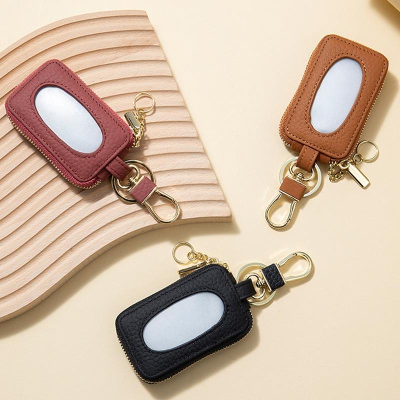 Leather Car Key Case with Clip Carry for Car Owners, Fob Cover and Card Slot for Bag or Pocket Use with Full Closure