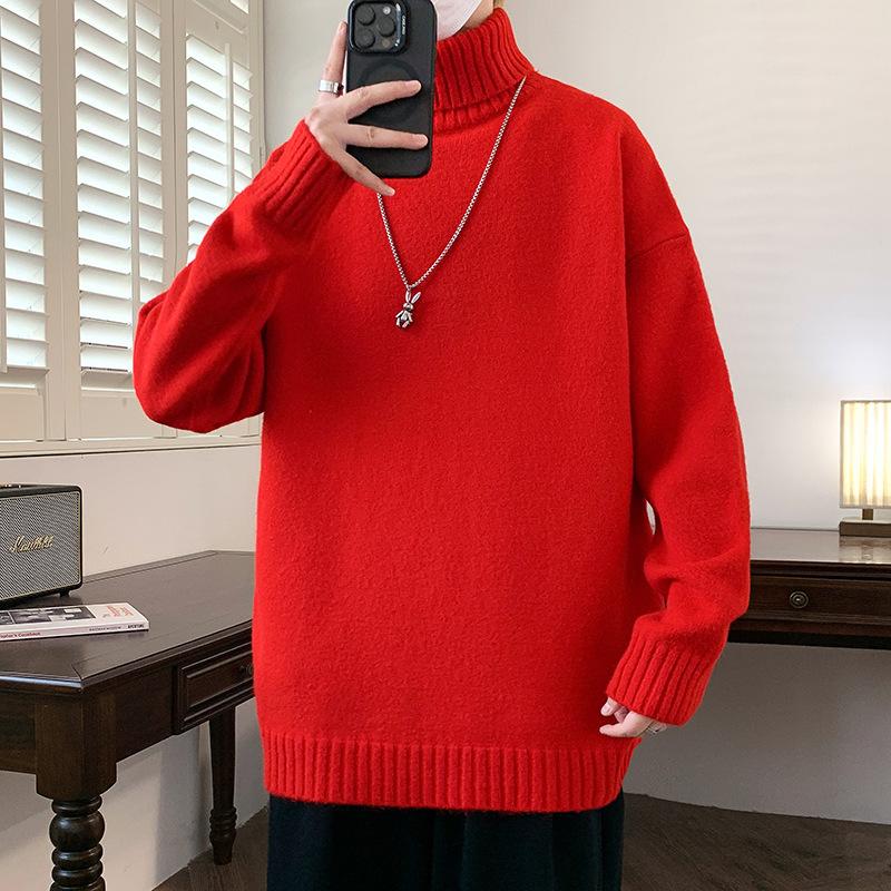

Осень и Зима Новый Однотонный Свитер с Воротником-Гольф Повседневный Вязаный Свитер Базовая Футболка Японский Свободный Свитер 3XL красный