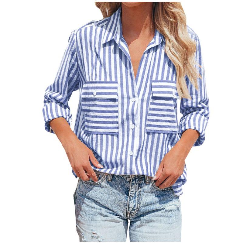 Cămașă cu mânecă lungă cu mânecă lungă cu dungi de primăvară și vară pentru femei