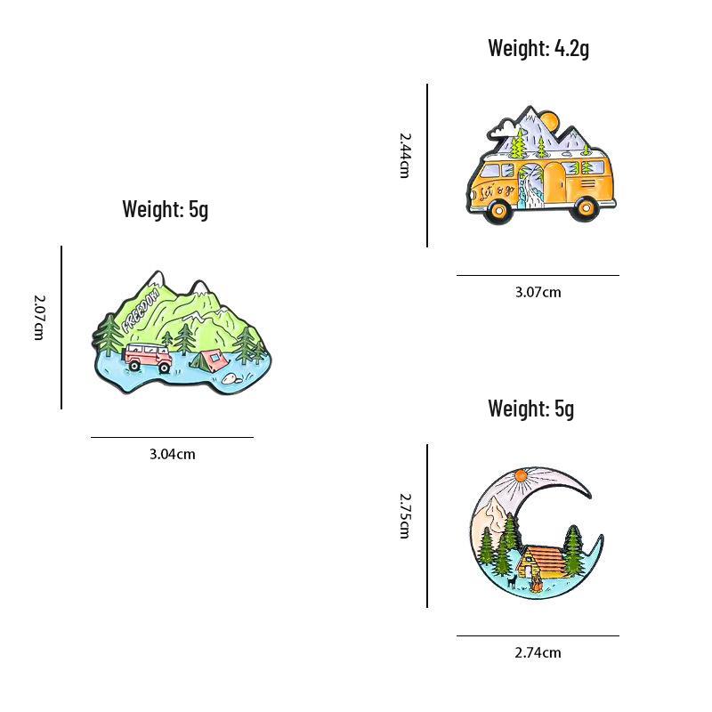 Moon Car Travel Brooch with Mountain & River Scenery - Metal Backpack Badge