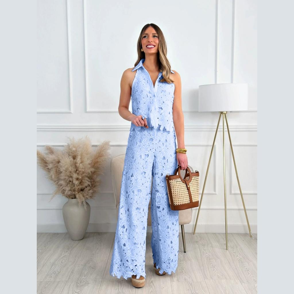 Summer French Summer Embroidered Hollow V-neck Vest Top + Wide-leg Straight Trousers Suit