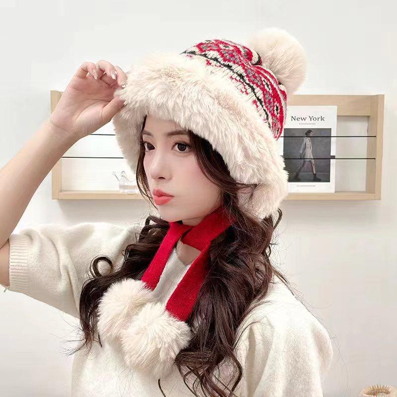 New wool hat knitted ear protector hat women's autumn and winter ethnic style fleece thickened warm cycling Lei Feng hat tide