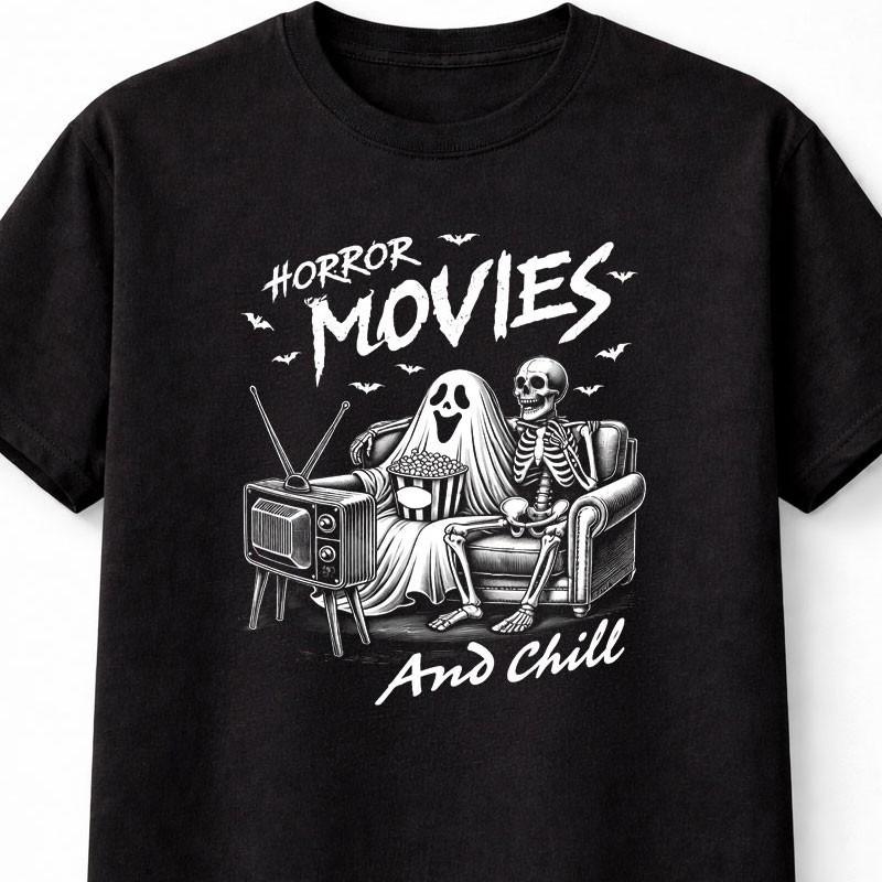 Horror Movies Chill T Shirt Funny Halloween Skeleton Graphic Unisex Tee S5XL