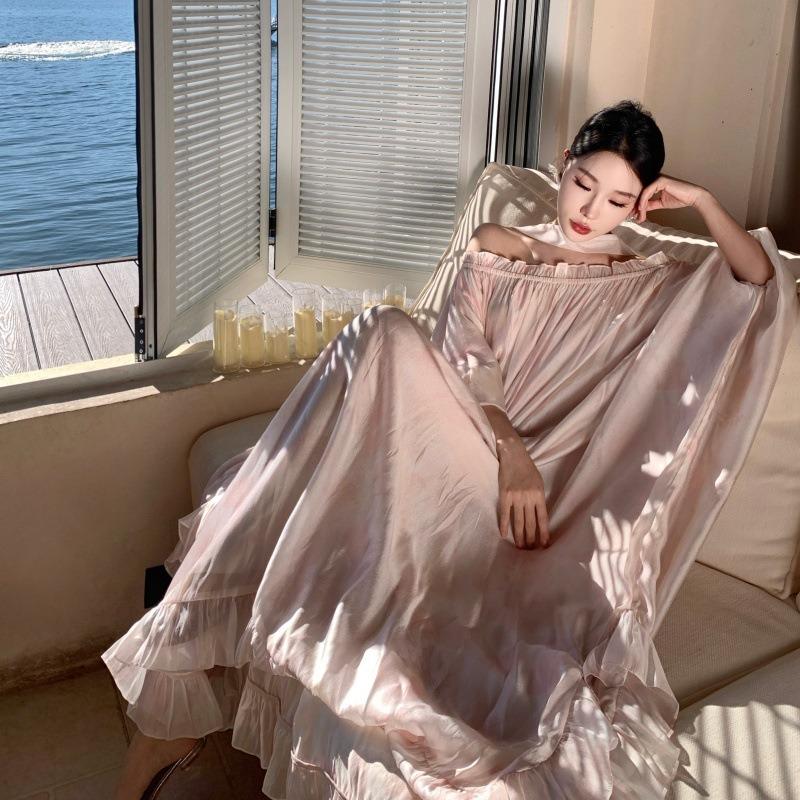 French Lazy Seaside Vacation Dress One-word Shoulder Tube Top Fairy Morning Robe Small Gift Dress Birthday Party Dress