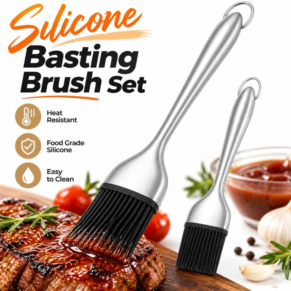 2PCS Stainless Steel Silicone Basting Brush Detachable Brush Head Pastry Brush  Baking Cooking