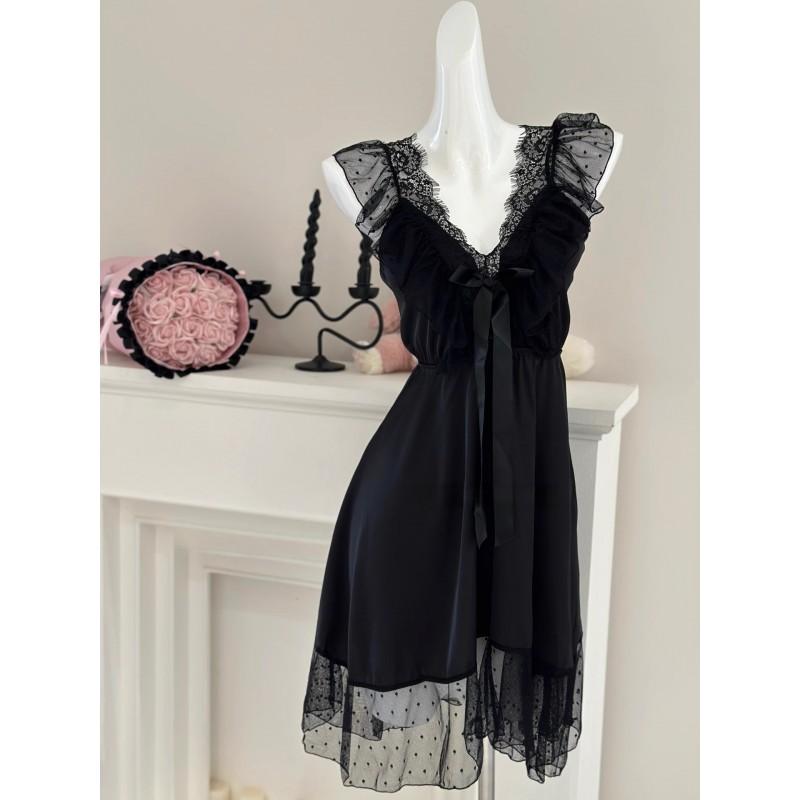 Pure Desire Style Satin Slip Nightdress Sexy Backless Lace Bow Polka Dot Lingerie Women