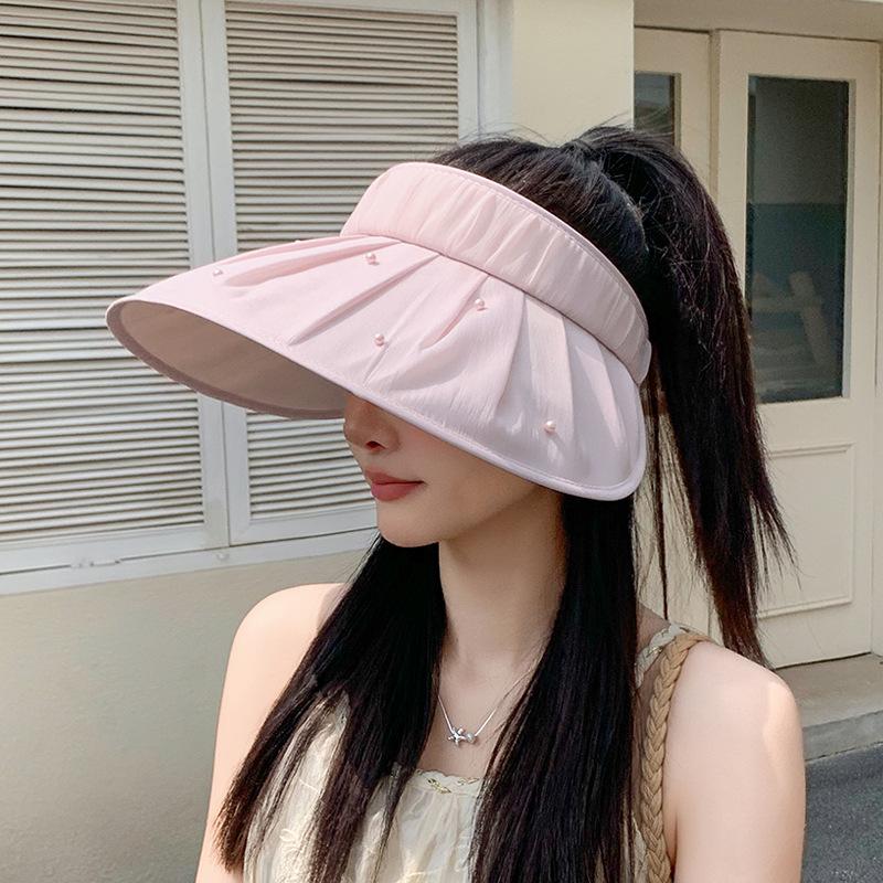 Summer sunscreen hat women's outdoor travel versatile fashion empty top hat pearl pleated big brim sun hat