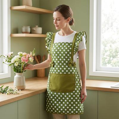 Delantal de Algodón Sarga con Lunares y Tirantes con Volantes Delantal de Cocina Resistente al Agua para Cocinar Hornear Transpirable Bolsillo Frontal Grande Delantal para el Hogar