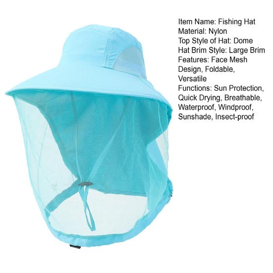 Fishing Hat with Veil Mesh Wide Brim Sun Protection Breathable Hat Mosquito-Proof Adjustable Drawstring Hat