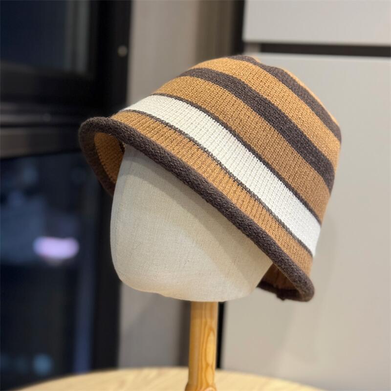Autumn and Winter Contrasting Color Fisherman's Hat Children's Striped Splicing Knitted Hat Plain Face Washbasin Hat Wool Bucket Hat