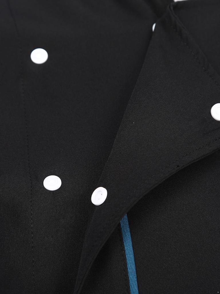 Unisex Lightweight Chef Jacket Stand Collar Short Sleeve Letter Embroidery Contrast Trim Kitchen Uniform Top