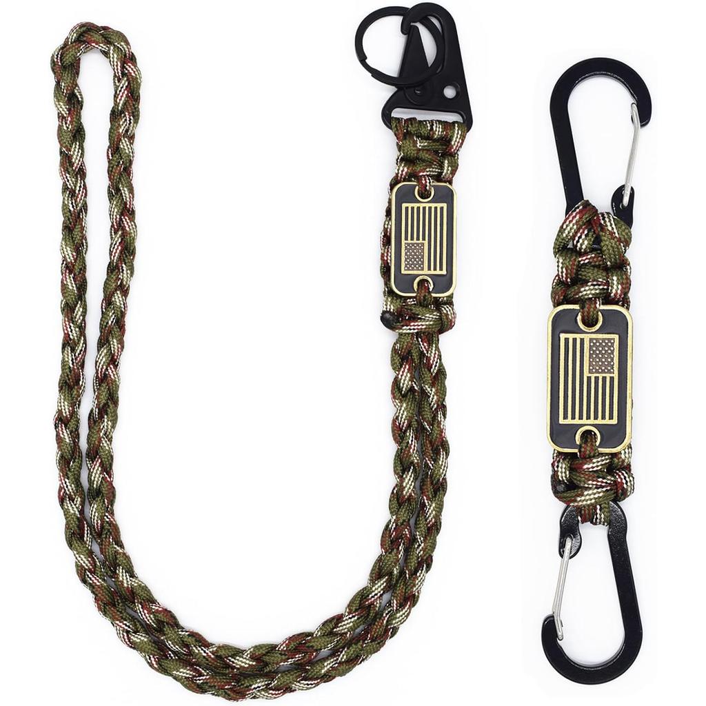 2 Pcs Heavy Duty Paracord Lanyard Necklace 550 Braided Keychain with USA Flag Parachute Rope for Outdoor Camping Hiking Keys