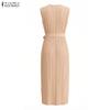 ZANZEA Women Elegant V-Neck Casual Sleeveless Pleated Long Dress