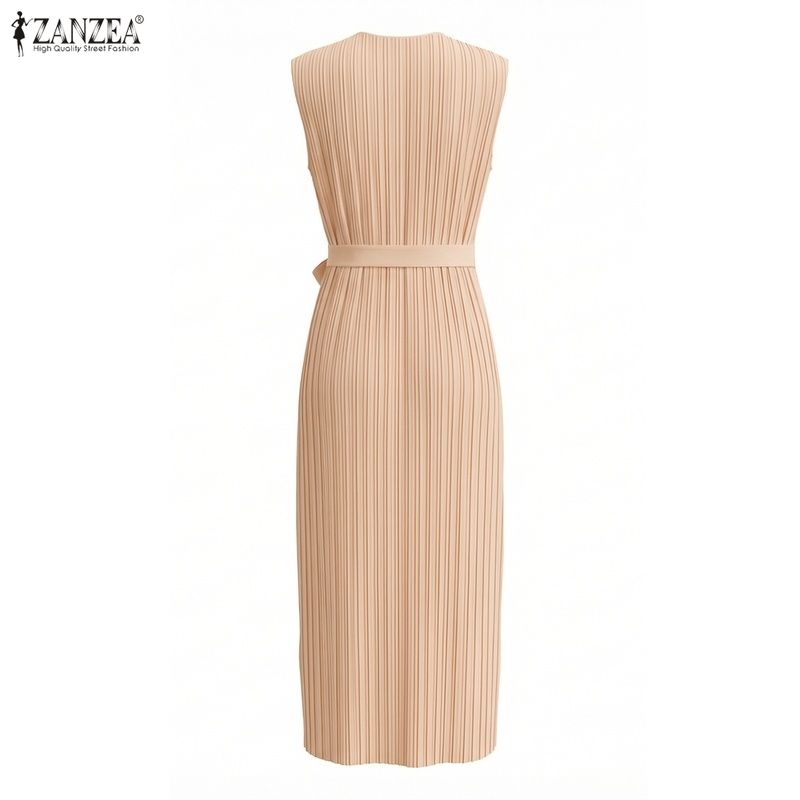 ZANZEA Women Elegant V-Neck Casual Sleeveless Pleated Long Dress