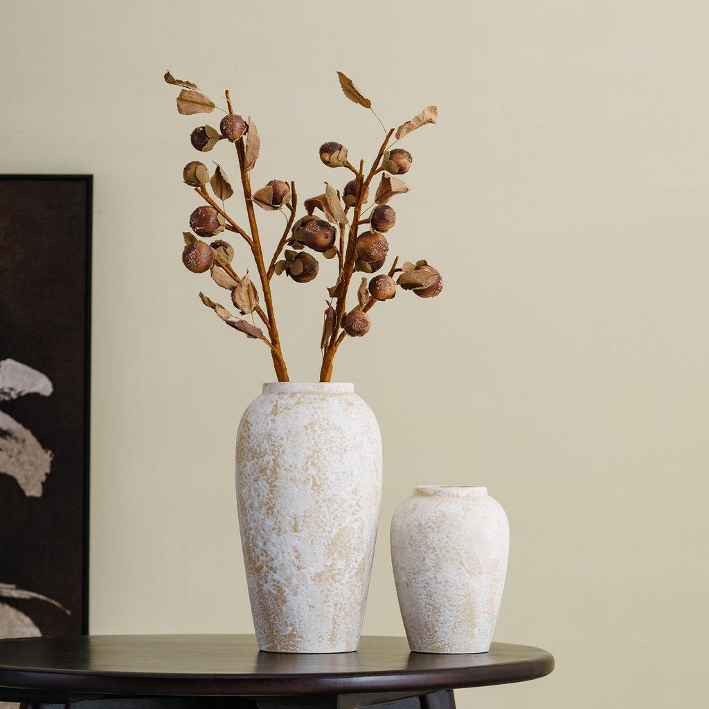 Shu Men Chinese Wabi-sabi Style Ceramic Vase for Dried Flowers – Retro Coarse Pottery Ornament for Living Room Decor.