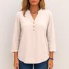 Women's Fashionable Solid Color V Neck Button Long Sleeved Casual Shirt Top