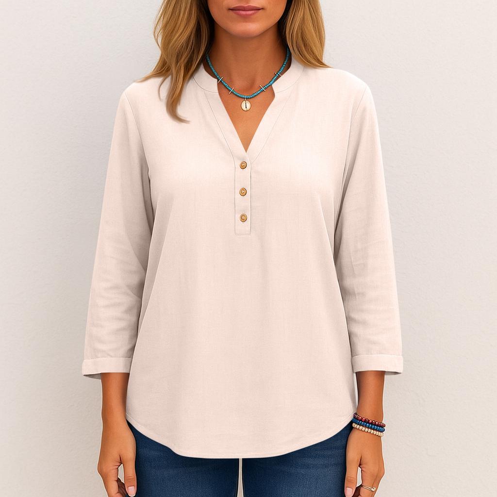 Women's Fashionable Solid Color V Neck Button Long Sleeved Casual Shirt Top