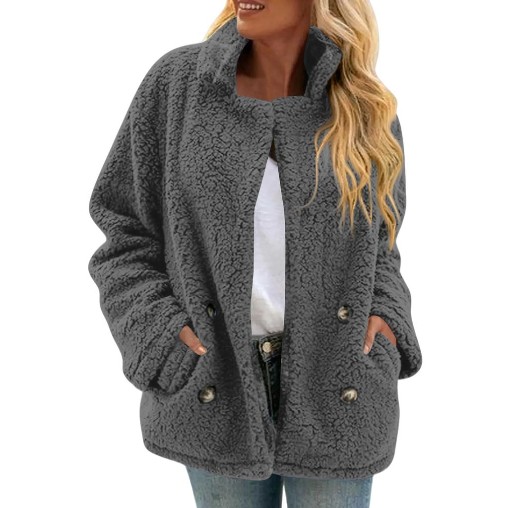 Damen Kariert Doppelseitig Plüsch Aufgesetzte Tasche Knopf Strickjacke Lässiges Oberteil Jacke