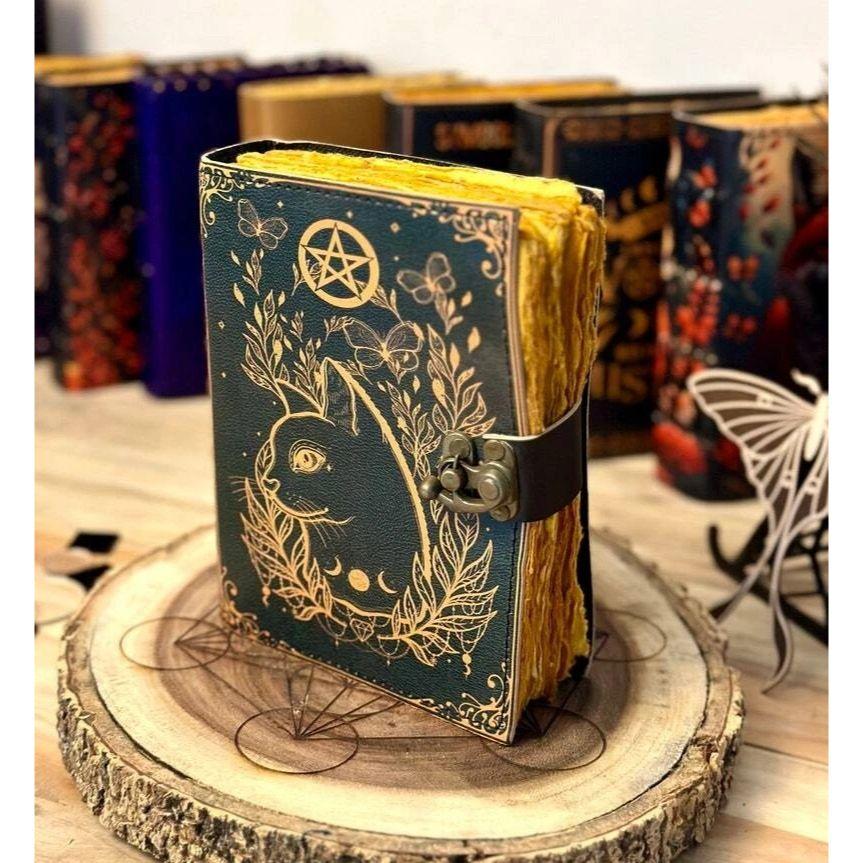 Grimoire Journal Leather Print Caltic Cat Journal Blank Spell Book of Shadows
