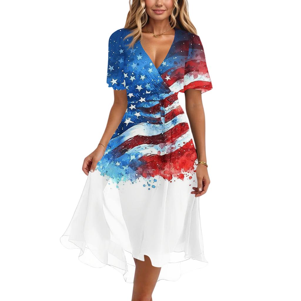 Women’s V Neck Short Sleeve Midi Dress with Star and Stripe Print High Waist Flowy A Line Summer Dress for Casual or Holiday Wear