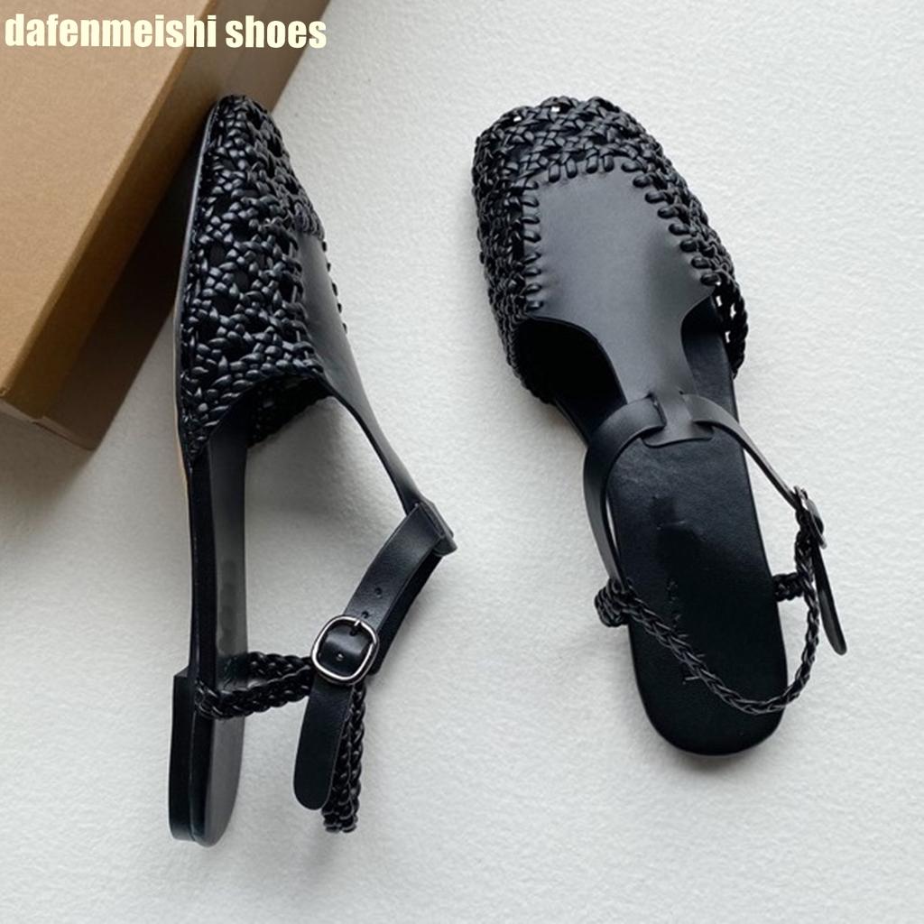 Fashion Flat Genuine Leather Woven Sandals Women's Hemp Rope Square Toe Summer Roman Shoes Singback Solid Color Fashion Shoes